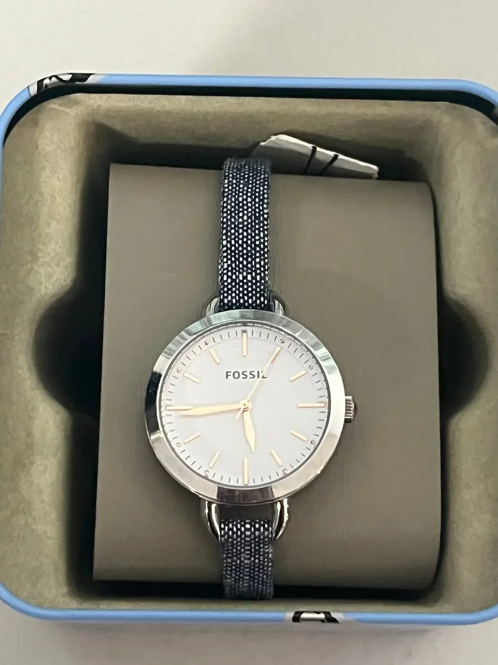 Fossil BQ3357 Rye Women 36mm Silver Steel White Dial Denim Strap Quartz Watch